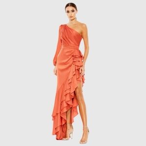 NWT Mac Duggal One Sleeve Cut Out Asymmetrical Ruffled Gown 6 Orange #8127